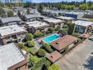 Bird’s-eye view of the peaceful gated community with pool and clubhouse.