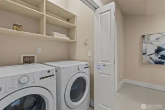 Laundry area equipped with shelving