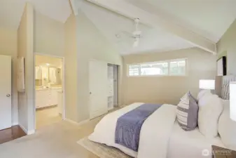 Large closet space with built in drawers.