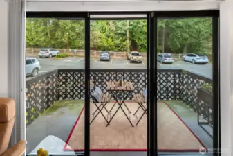 Deck over looks private parking area and park