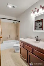 Well-lit full bath has a large vanity with drawers and cabinets for personal storage space.