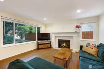 View of front trees and shrubs out of the living room. Not the beautiful, large fireplace mantel.