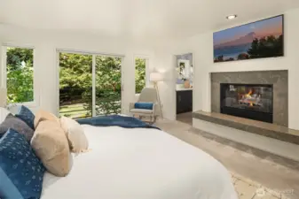 Wood-burning fireplace with gas starter in the primary bedroom.