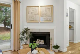 Corner wood burning fireplace