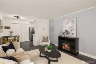 The inviting warmth and glow of a living room fire feature. Door on gray wall is extra in unit storage. Tucked perfectly under the stairwell.