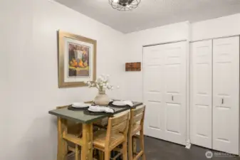 You can have a intimate dinner for two, or space allows for additional guest as well! These great bi-fold door closets house the Hot Water Heater, stackable Washer/Dryer, and it is where the large Kitchen pantry is located.