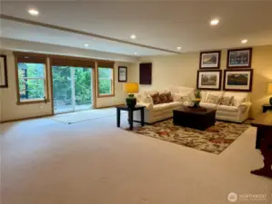 Extra living space in family room downstairs w/ recess lighting and slider leading to lake.