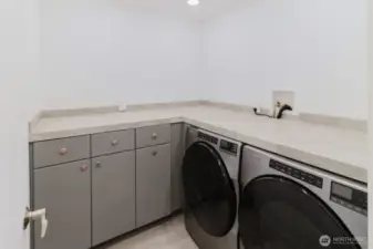 Nice Laundry room has plenty of wall space to add cabinets that fit your needs.