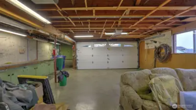 The oversized 2-car garage includes a bump-out for a workbench or hobbies