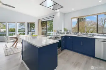 New kitchen with beautiful navy cabinets, quartz, designer tile, induction range, special vent hood flush to the ceiling and coffee bar!