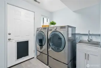 Lower level laundry room with sink and large doggie door to fenced yard