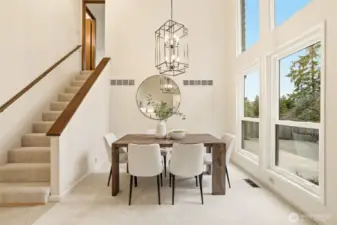 updated dining room with floor to ceiling windows