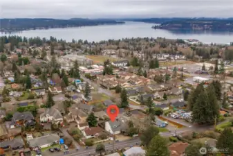 Aerial view of the neighborhood and the direction of the view from the home.