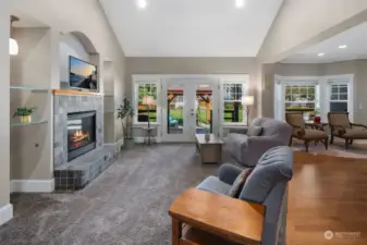 Living room with french doors and gas fireplace