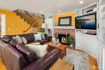 Cozy living room with fireplace.