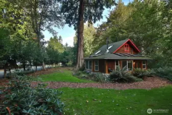 This is the south side of the cottage, access is via the French door entry. You can see Saratoga Creek Lane along the left edge of this photo. Lush lawn with a magnificent cedar.