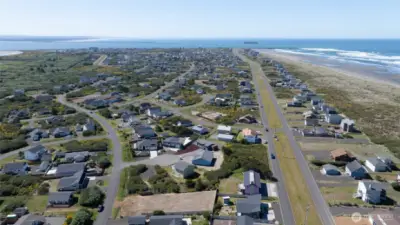 OVERHEAD OF THE HOME TOWARD THE CHEHALIS RIVER, JETTY AND THE CARGO SHIP!