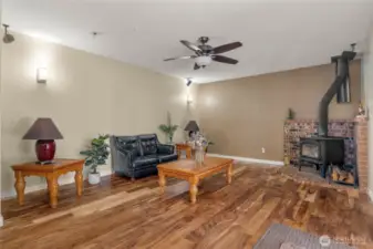 Family room with wood stove