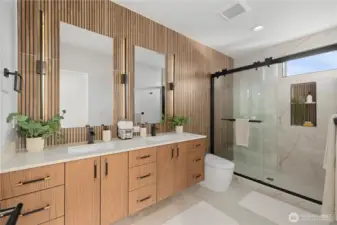 Bathroom has under vanity lighting + heated floors!