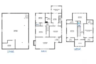 Floor Plan- (Lower Level) Unfinished Basement 1135 SF                  (Main Level)- Entry, Living Rm, Dining Rm, Kitchen, Kitchen Nook, Full Bathroom, 2 Bedrooms                  (Upper Level)- 3 Lg Bedrooms, Half Bathroom & Studio