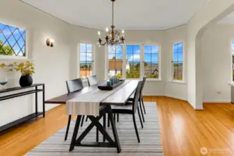 Grand Lead Glass Bay Window in the Formal Dining Room