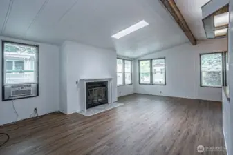 Fireplace with new mantel and slate tile