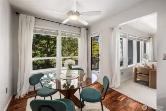 Living room flows into the spacious dining room
