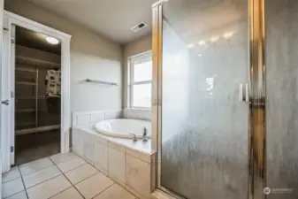 Primary bath walk in shower and soaking tub