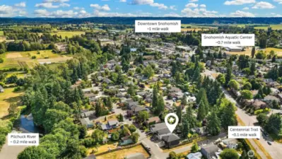 Aerial view of home showcasing close proximity to Pilchuck River, downtown Snohomish, Snohomish Aquatic Center & Centennial Trail.