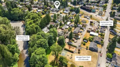 Aerial view of home showcasing close proximity to Pilchuck River, Morgantown Park, and Centennial Trail.