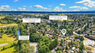 Aerial view of home showcasing close proximity to Pilchuck River, downtown Snohomish, Snohomish Aquatic Center & Centennial Trail.