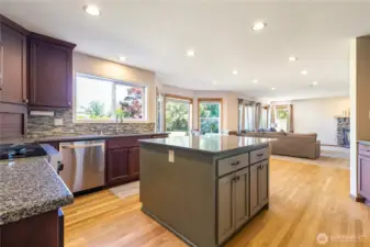 Remodeled kitchen with a beautiful kitchen island and views out to the back yard