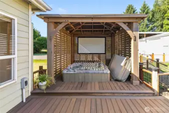 Hot tub in the covered area is a fun space to enjoy with the ability to watch movies/shows on the screen.