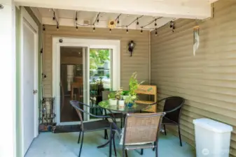 Covered patio with storage.