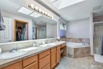 5 piece primary bath with soaking tub, double sinks and shower