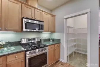 Walk in pantry with abundant shelving.
