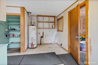 Gas water heater, laundry area, kitchen to the left, door to right is mudroom