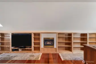 Bookshelves, gas fireplace and TV space with lots of storage access.
