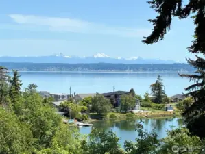 The view from the deck of the lagoon and mountains.