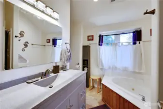 The primary bathroom features a bathtub and a shower and large walk-in closets.