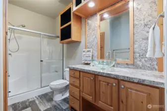 Primary Bathroom with walk-in shower.  Custom Cabinetry- sola-tube too!