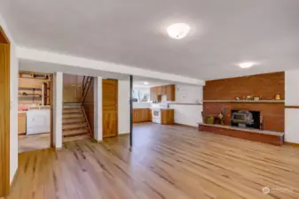 Rec room area on lower level with new floor and second kitchen. Utility room in unfinished shop/storage room.