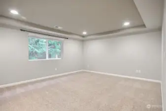 Primary bedroom with pan ceiling and recessed lighting for a more elegant look.