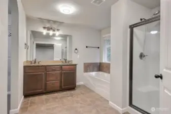 Five piece ensuite with dual sinks, walk-in closet, spa like shower, large soaking tub, granite counter tops, and tile floor.