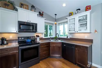 Corner set sink provides views and natural light.