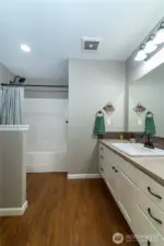 Hall bath has exceptional storage