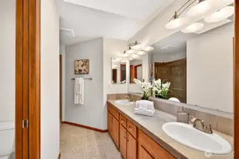 Primary bath with a long double vanity, abundant storage, and bright, even lighting that makes mornings easy. A wide counter offers the kind of everyday functionality buyers appreciate.