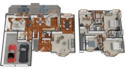 Floor plan overview illustrating the functional two story layout, including open main level living spaces, four bedrooms upstairs, and a clear separation between entertaining zones and private rooms. A helpful guide for visualizing flow, room relationships, and everyday functionality.