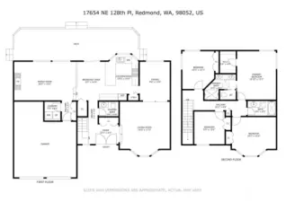 Two story floor plan highlights a highly functional layout with 4 bedrooms upstairs, including a spacious primary suite with walk in closet and 3/4 bath. Main level offers separate living and dining rooms, an open kitchen with island, breakfast area, and a large family room with fireplace, plus a powder bath, dedicated laundry, and direct access to an expansive deck for easy indoor outdoor living.