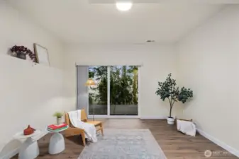 access to huge concrete patio thats wired for a sauna or hot tub